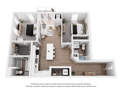 A 3D floor plan of a small apartment with a kitchen, living room, and bathroom.